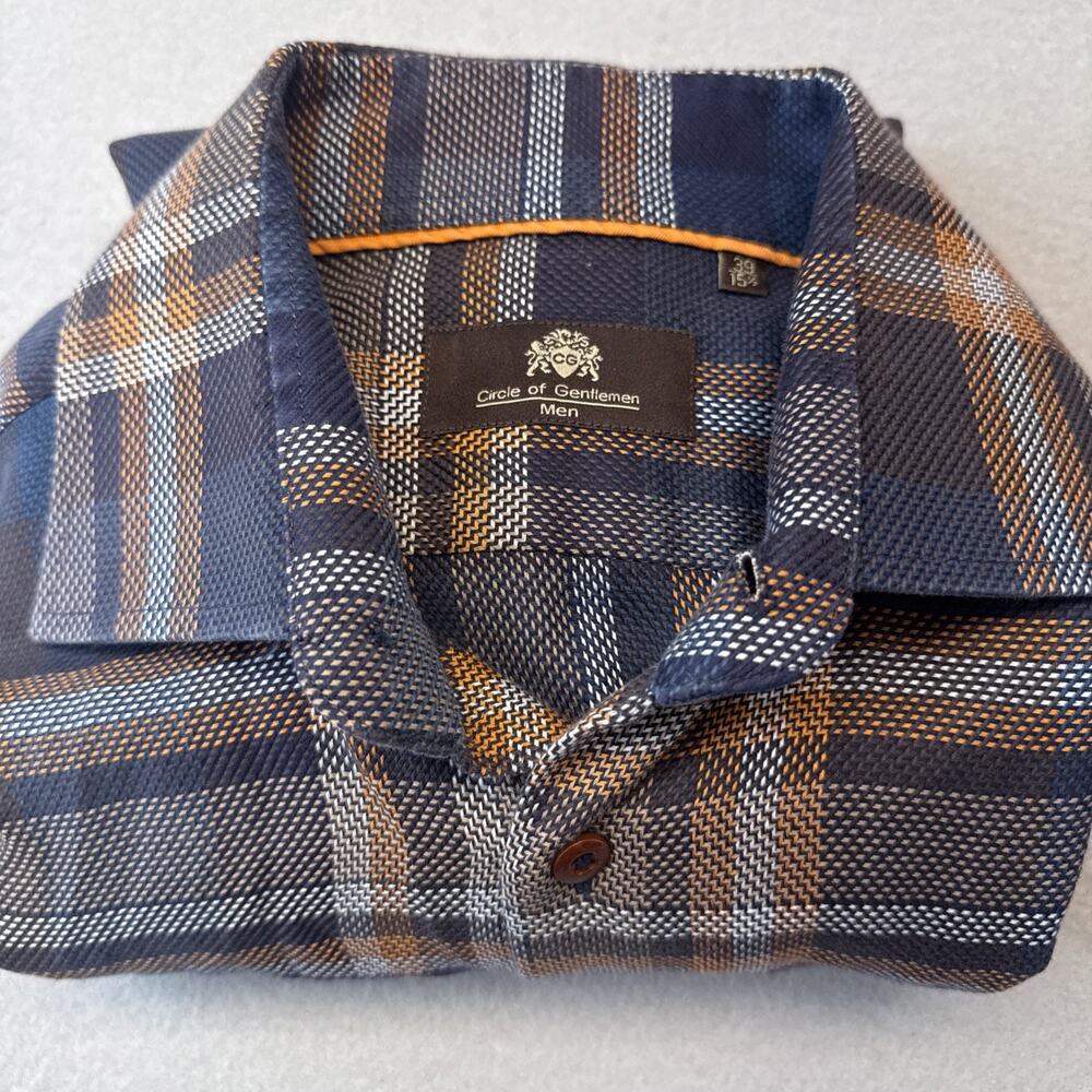 Circle of Gentlemen Plaid Button Down Shirt Men’s 15.5 Blue Brown Long Sleeve